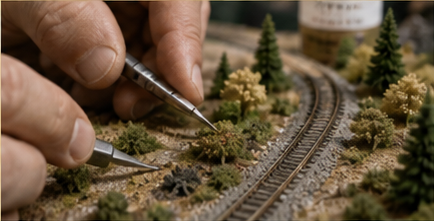 Hands adding fine scenery details beside N scale track