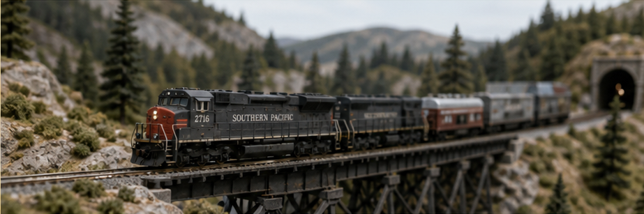 Southern Pacific model locomotive crossing a trestle in a mountain scene